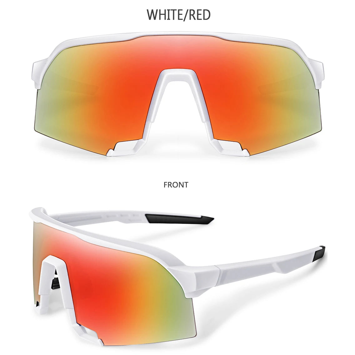 White and red polarized cycling sunglasses shown from the front and side views.