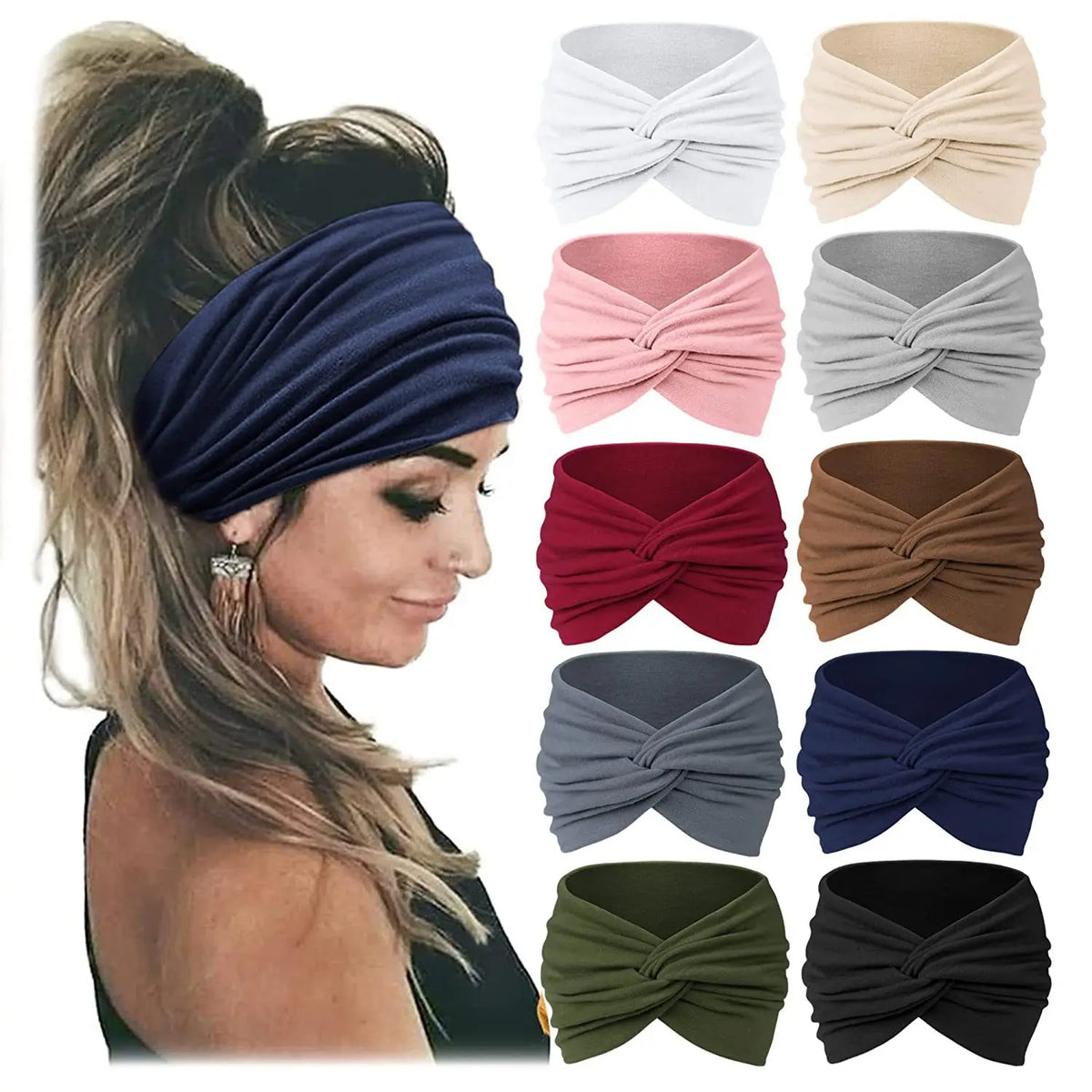 Colección de diademas de tela en azul marino, rosa, gris y marrón, mostradas en diferentes pliegues y colores.