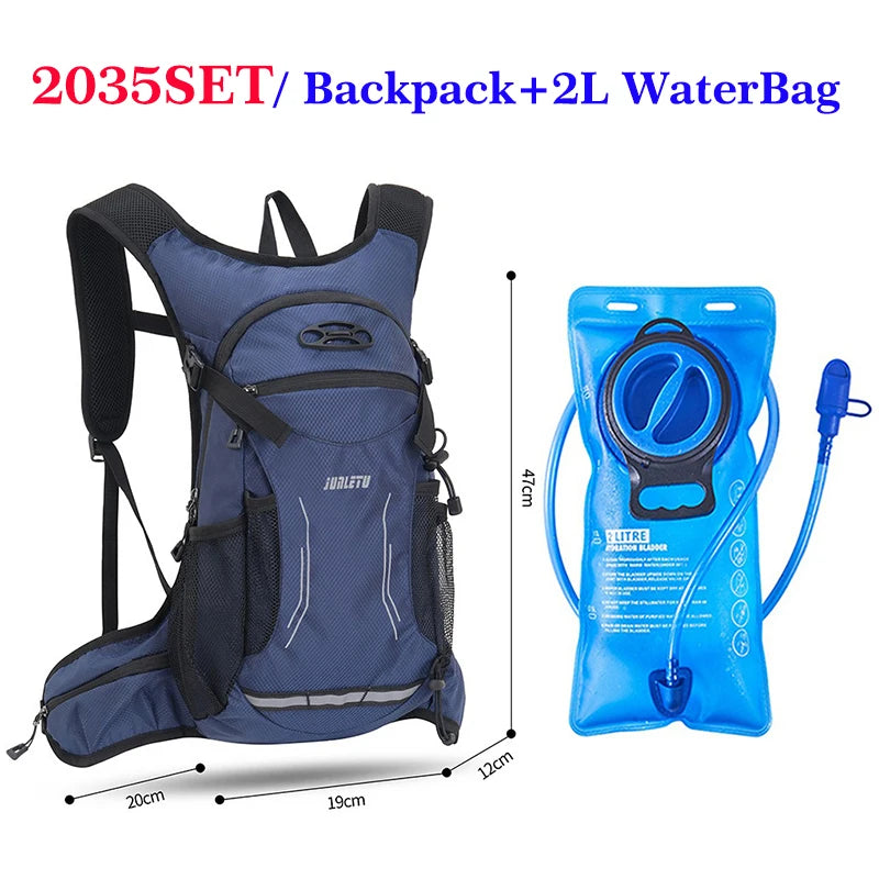 A blue hydration backpack and a separate 2-liter water bag are shown together.