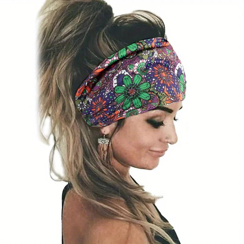 A woman wearing a floral butterfly patterned headband in purple and green on her forehead.