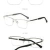 A set of men's half-frame anti-blue light reading glasses shown in positive, side, and back views.
