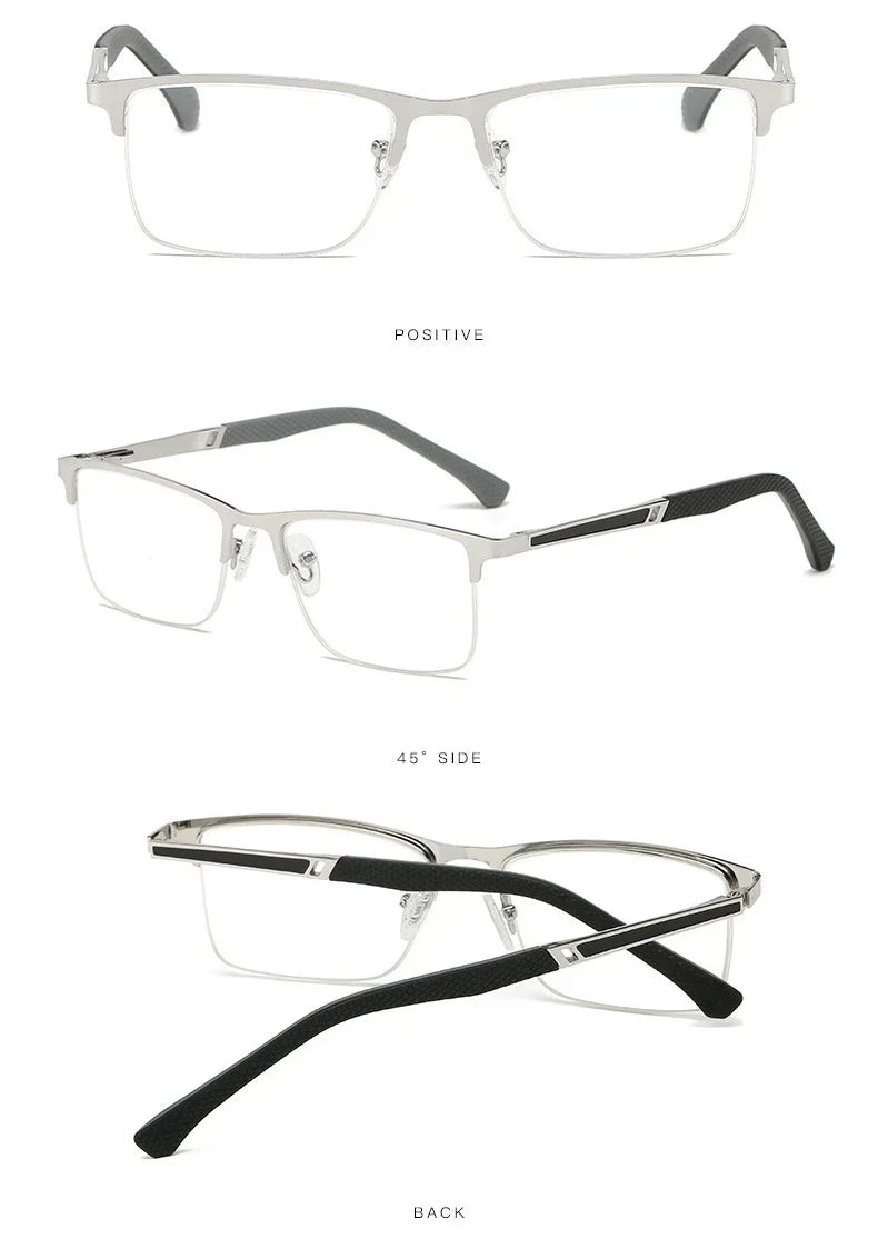 A set of men's half-frame anti-blue light reading glasses shown in positive, side, and back views.