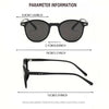 A pair of black retro round sunglasses shown with various measurements.
