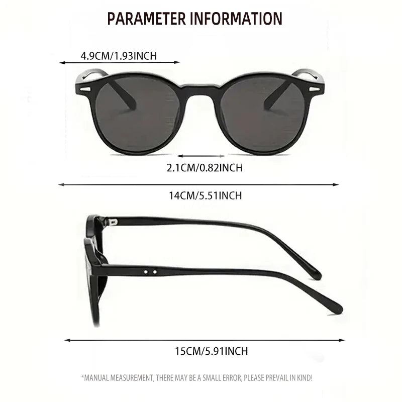 A pair of black retro round sunglasses shown with various measurements.