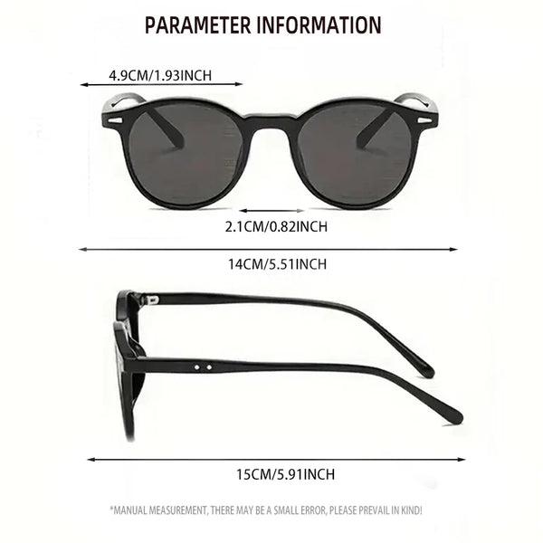 A pair of black retro round sunglasses shown with various measurements.