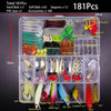 A clear plastic box containing 181 fishing lures and accessories, including soft baits, hooks, and various fishing tools.