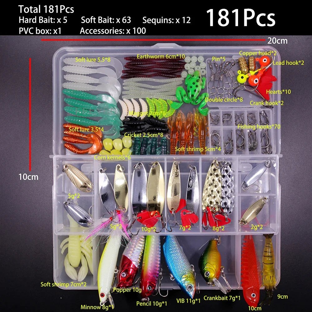 A clear plastic box containing 181 fishing lures and accessories, including soft baits, hooks, and various fishing tools.