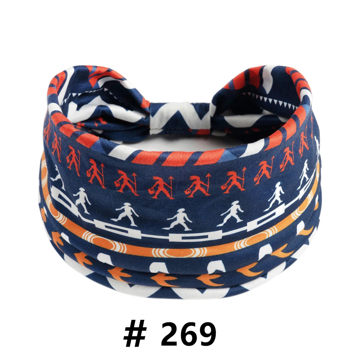 A navy blue and orange patterned boho cotton turban headband for workout or yoga.