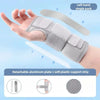 A hand is wearing a gray adjustable wrist brace designed for carpal tunnel relief, showing the detachable aluminum plate and 