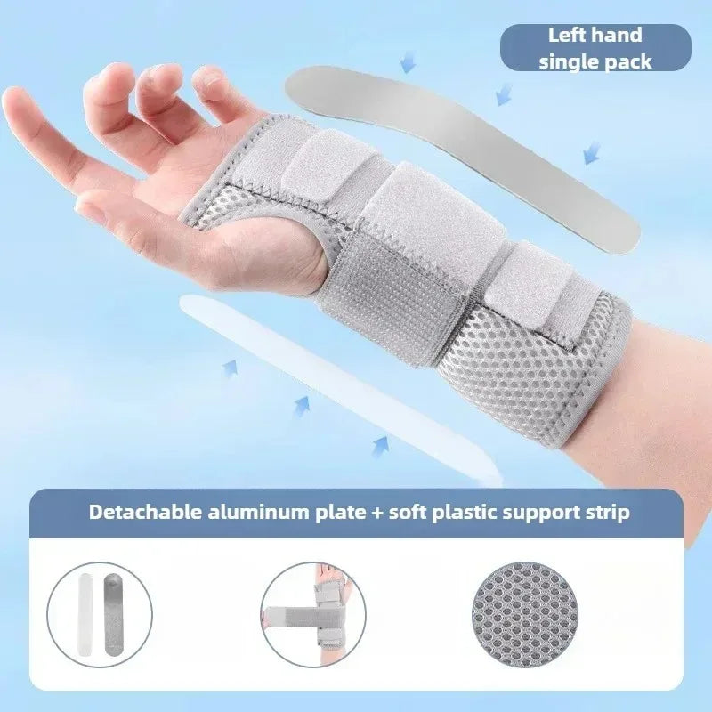 A hand is wearing a gray adjustable wrist brace designed for carpal tunnel relief, showing the detachable aluminum plate and 