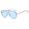Blue aviator sunglasses with silver frame and purple temple tips