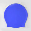 A smooth, bright blue silicone swim cap designed for long hair.