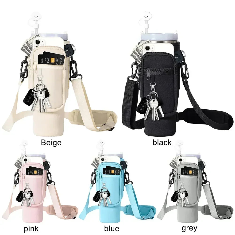 A collection of neoprene water bottle carrier bags in various colors including beige, black, pink, blue, and grey.