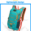 A teal lightweight backpack with orange accents is shown against a white background.