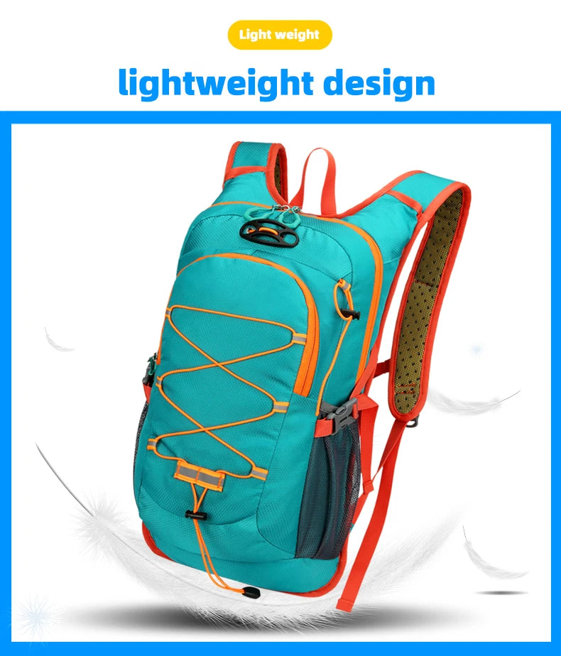 A teal lightweight backpack with orange accents is shown against a white background.