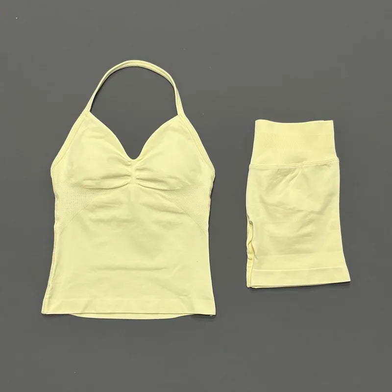 A light yellow women's seamless backless fitness set top and bottom.