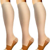 A set of three beige compression socks shown on a foot.