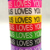 A stack of colorful silicone religious cuff bracelets in various shades including blue, pink, black, yellow, red, green, and 
