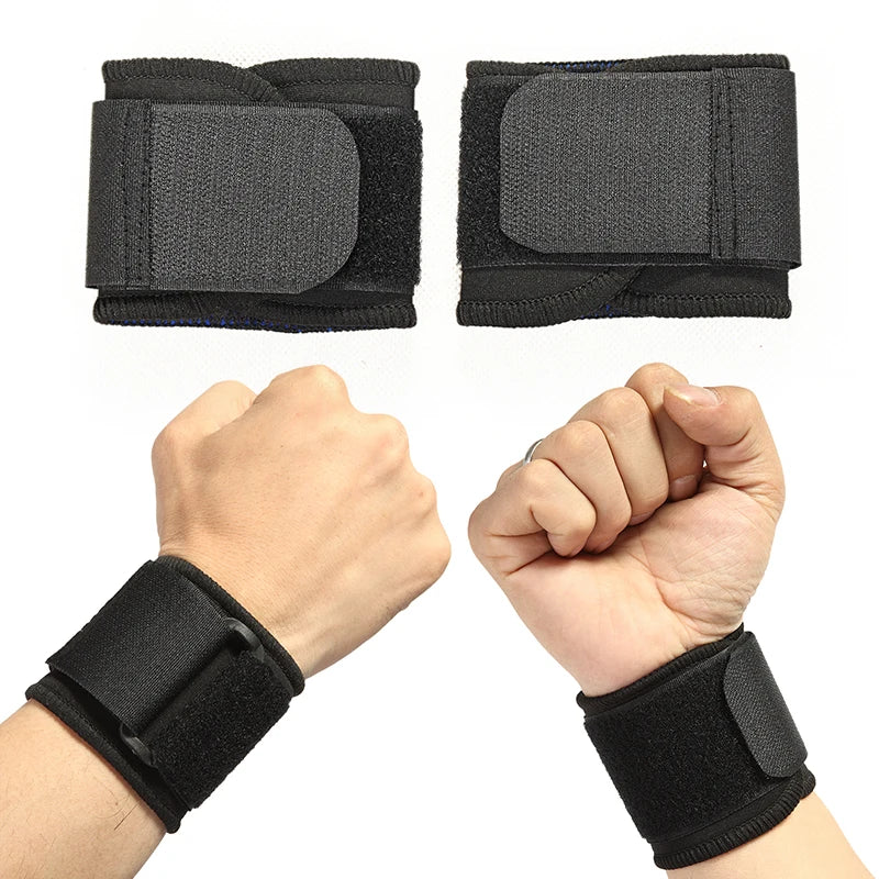 Schwarze, verstellbare Sport-Handgelenkstützen in verschiedenen Ansichten und an einer Hand.