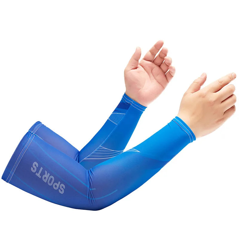A person is wearing a royal blue dynamic breathable arm sleeve on their forearm, demonstrating the product.