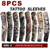 Paquete de ocho mangas para tatuajes con diversos diseños para protección solar y contra el frío