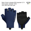 A pair of navy blue and black half-finger cycling gloves with SBR foam palm pads shown from the back and front.