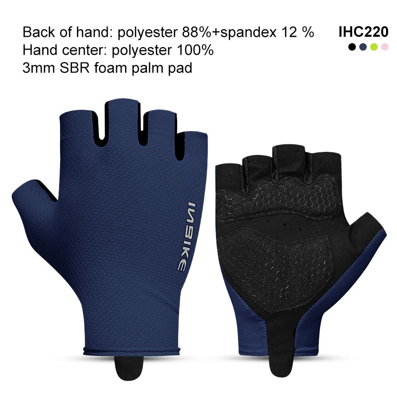 A pair of navy blue and black half-finger cycling gloves with SBR foam palm pads shown from the back and front.