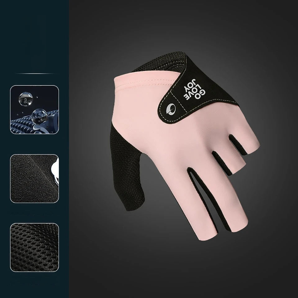 A pink and black 3-finger snooker pool glove shown against a dark background.