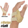 Beige silicone sheath thumb joint stabilizer brace worn on the left hand.