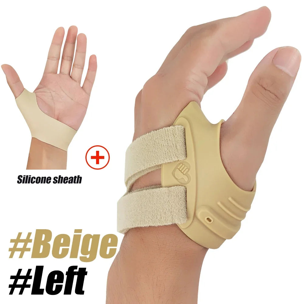 Beige silicone sheath thumb joint stabilizer brace worn on the left hand.