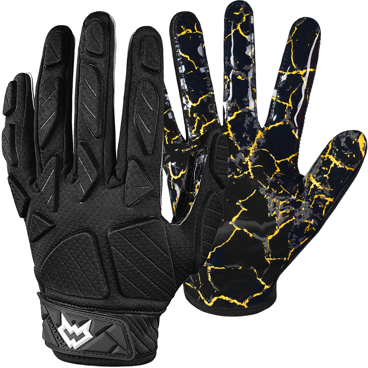 Ein Paar schwarze gepolsterte Football-Linemen-Handschuhe mit gelb-grauen marmorierten Akzenten.