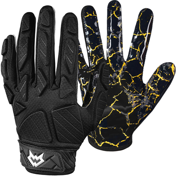 A pair of black padded football lineman gloves with yellow and gray marbled accents.