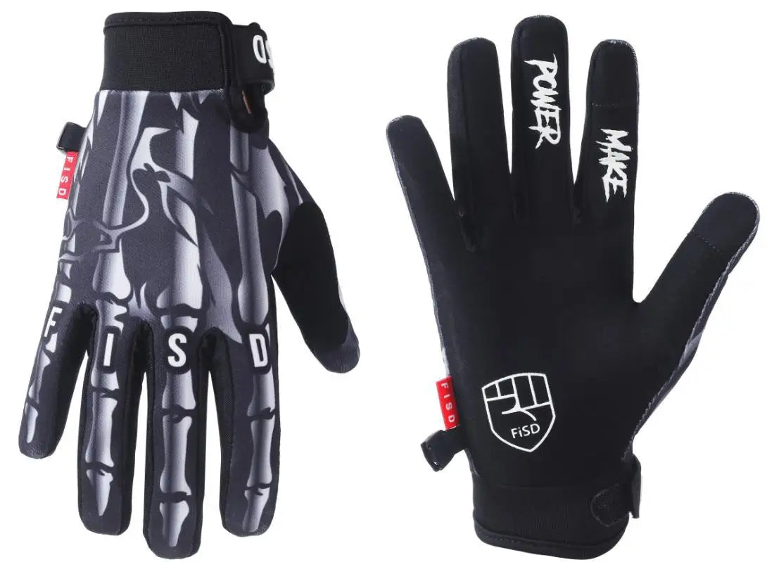 Black and gray full finger motocross motorcycle gloves with Power and Make branding