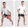 A man demonstrates the adjustable knee strap for tendon support while performing a stretch.