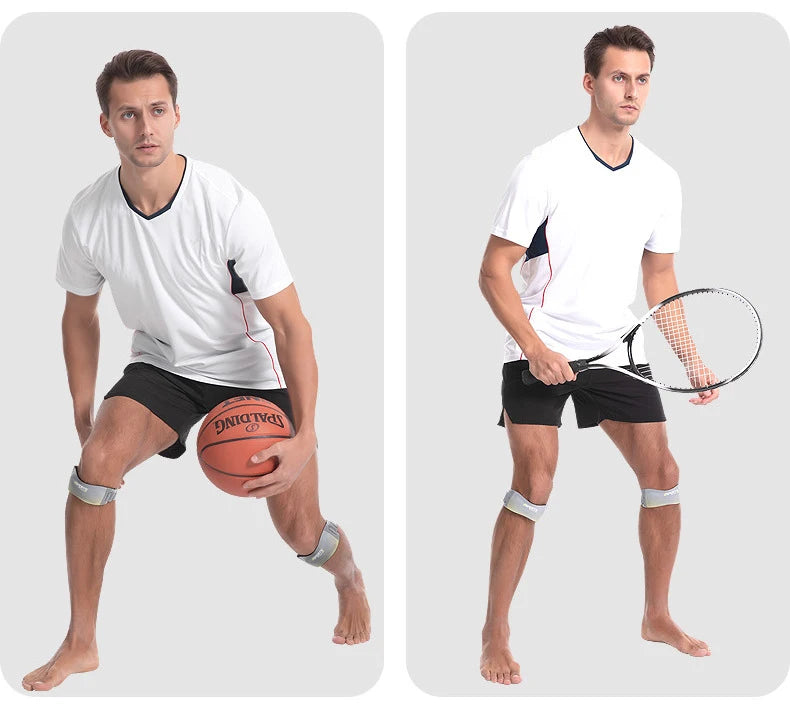 A man demonstrates the adjustable knee strap for tendon support while performing a stretch.