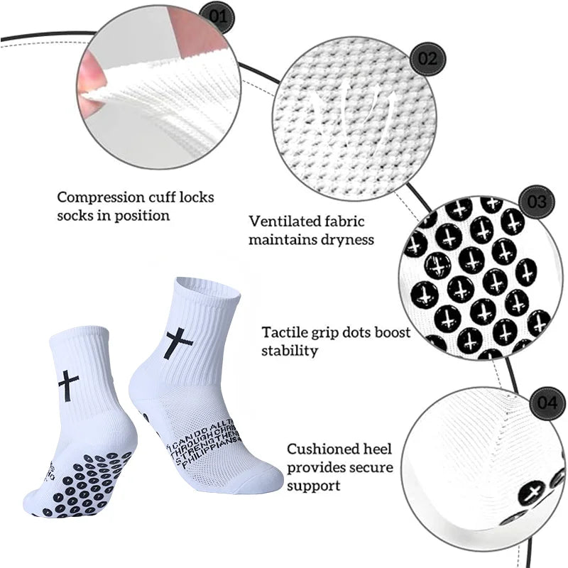 White sports socks with tactile grip dots and cushioned heels for secure support