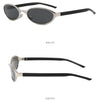 A pair of retro oval sunglasses with a silver metal frame and dark lenses shown from the side and back.