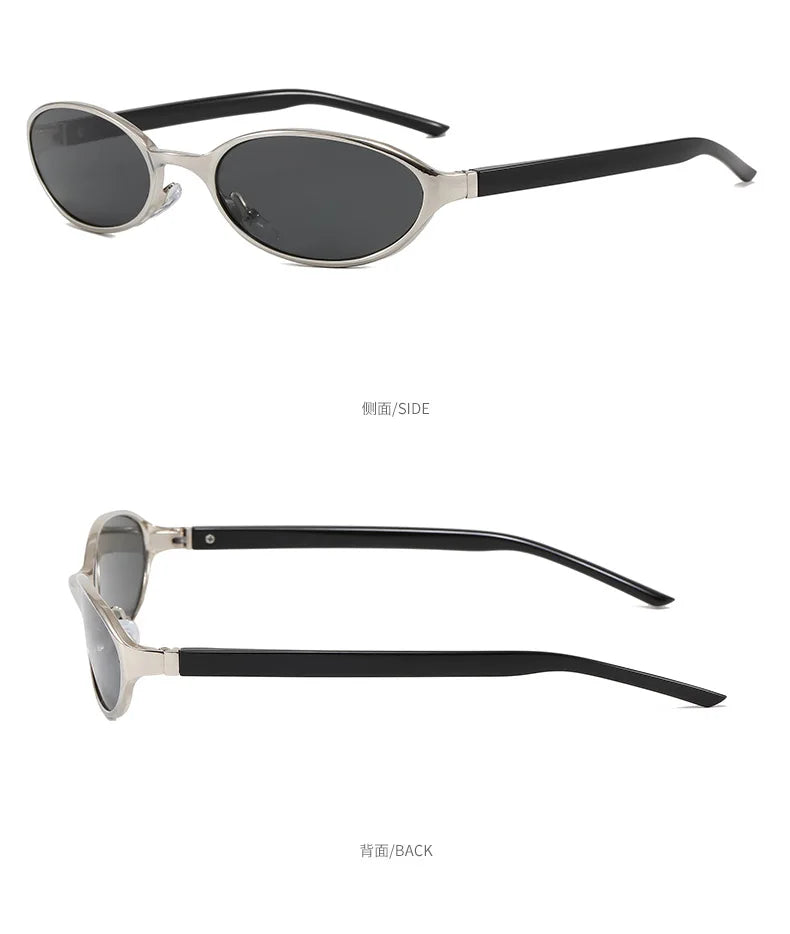 A pair of retro oval sunglasses with a silver metal frame and dark lenses shown from the side and back.