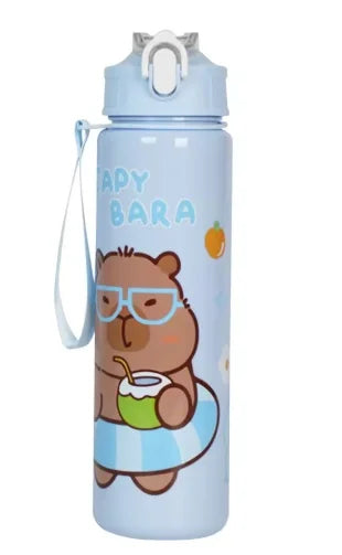 A light blue water bottle featuring a cute capybara design with glasses and holding a green drink.