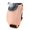 A pink and black durable sports wrist water bottle with a clear mouthpiece.