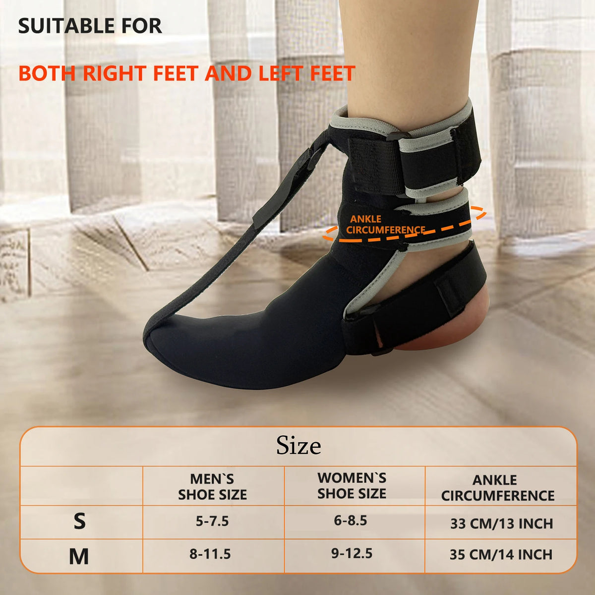 Black ankle splint socks suitable for both right and left feet, shown on a person's ankle.