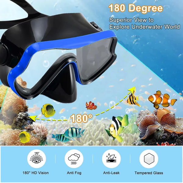 Premium 3-in-1 Snorkeling Set with Panoramic Mask, Dry Snorkel, and Adjustable Fins
