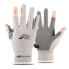 A pair of light gray sun protection gloves with a textured grip and a mesh palm are displayed against a white background.