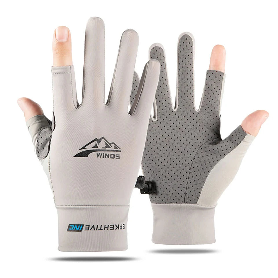 A pair of light gray sun protection gloves with a textured grip and a mesh palm are displayed against a white background.