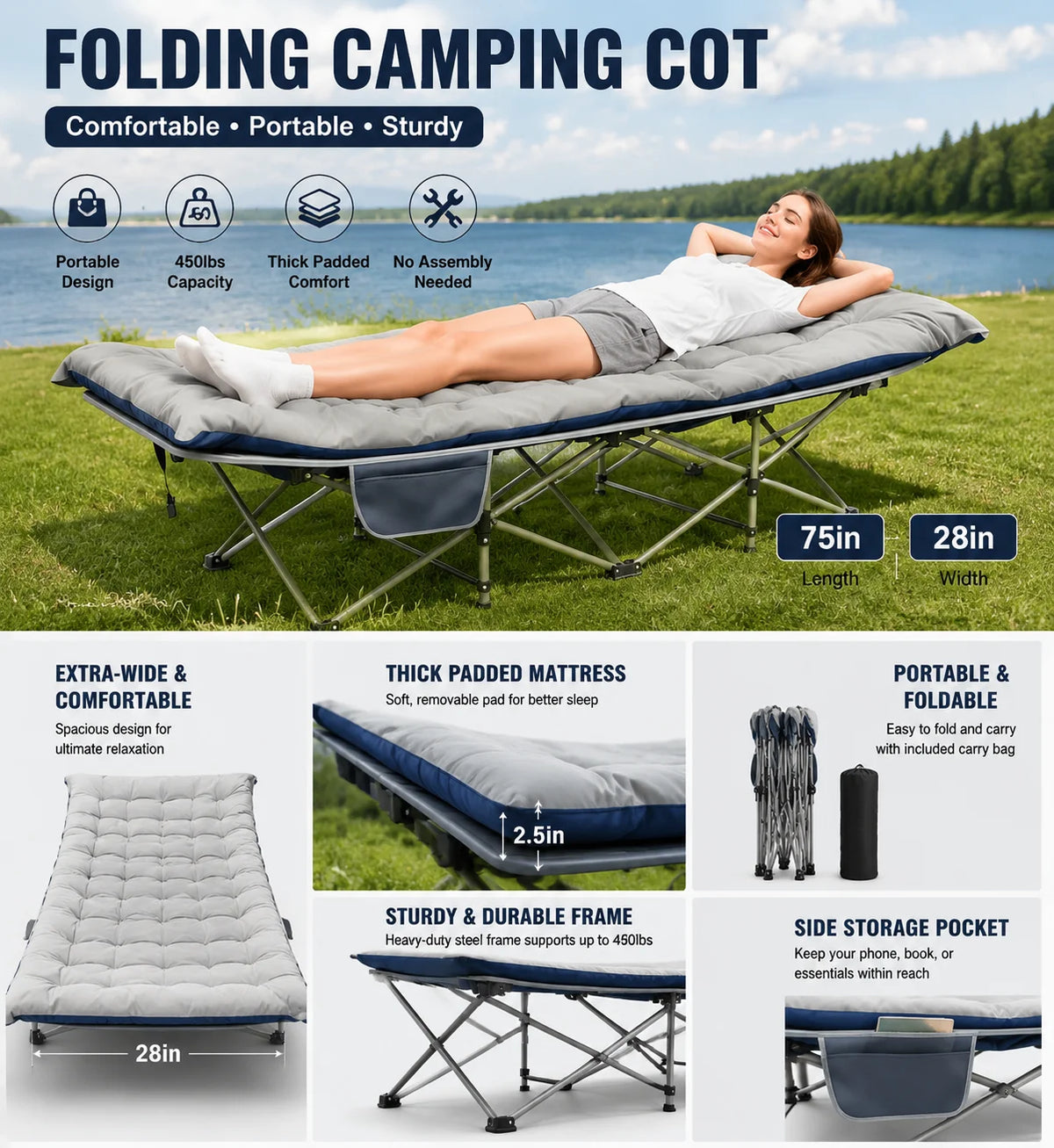 Portable Folding Camping Cot with Padded Mattress