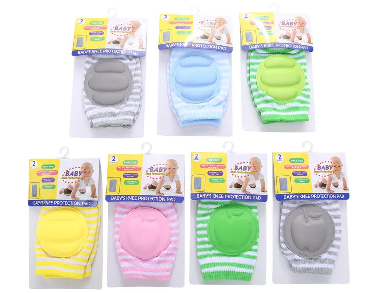 Un juego de cinco protectores para rodillas de niños pequeños en varios colores como gris, azul, verde, amarillo y rosa, empa