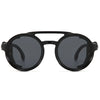 Black retro steampunk style sunglasses with round lenses and black frames
