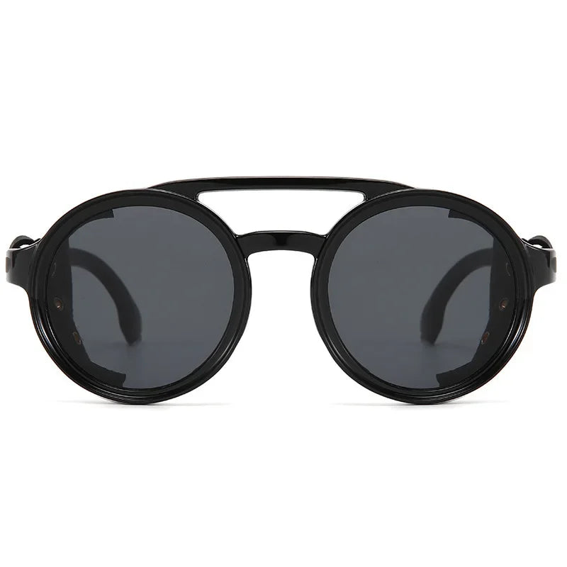 Black retro steampunk style sunglasses with round lenses and black frames