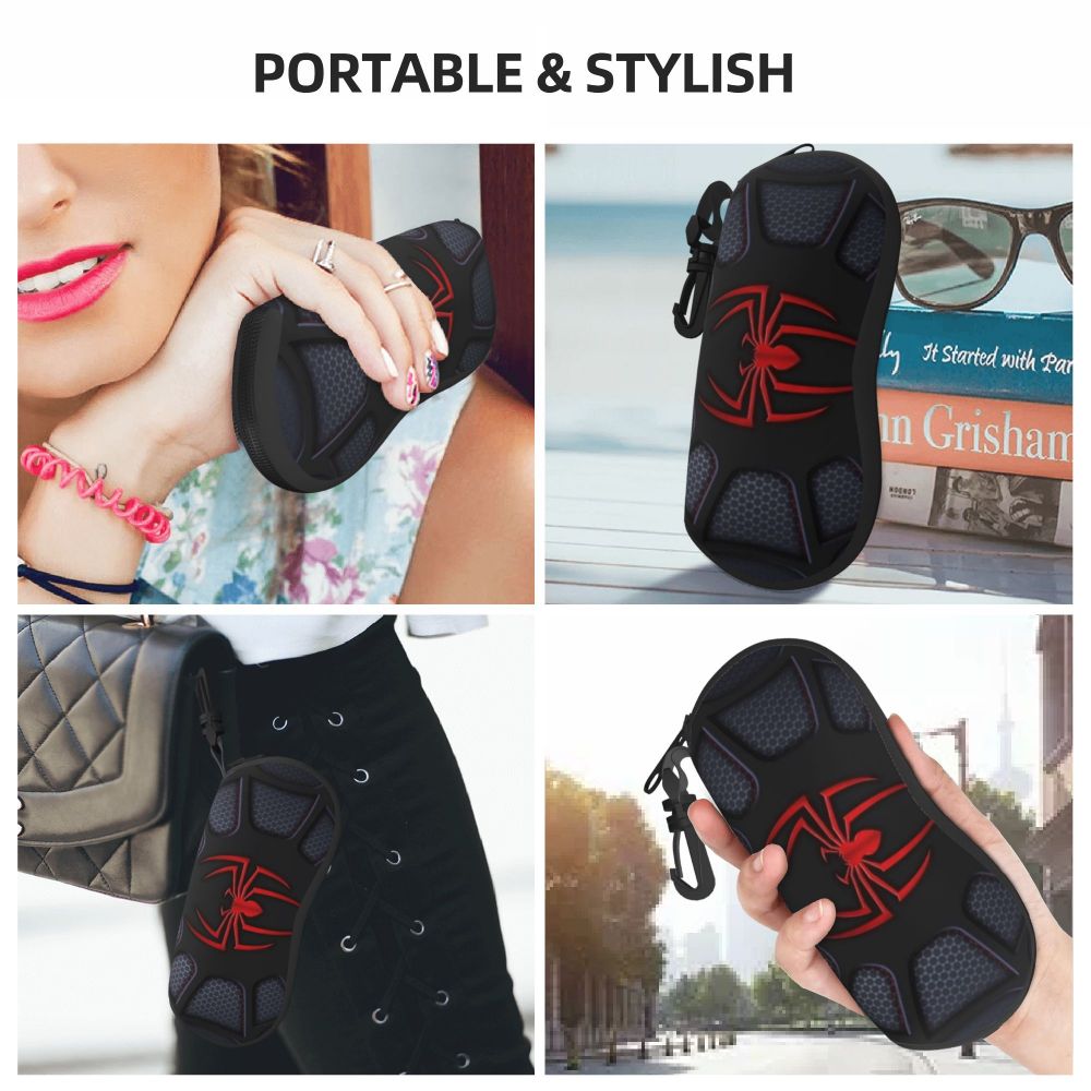 A black portable pouch designed to hold and protect eyeglasses featuring a red spider web pattern.