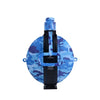 Blue and black collapsible silicone camping kettle with a handle.
